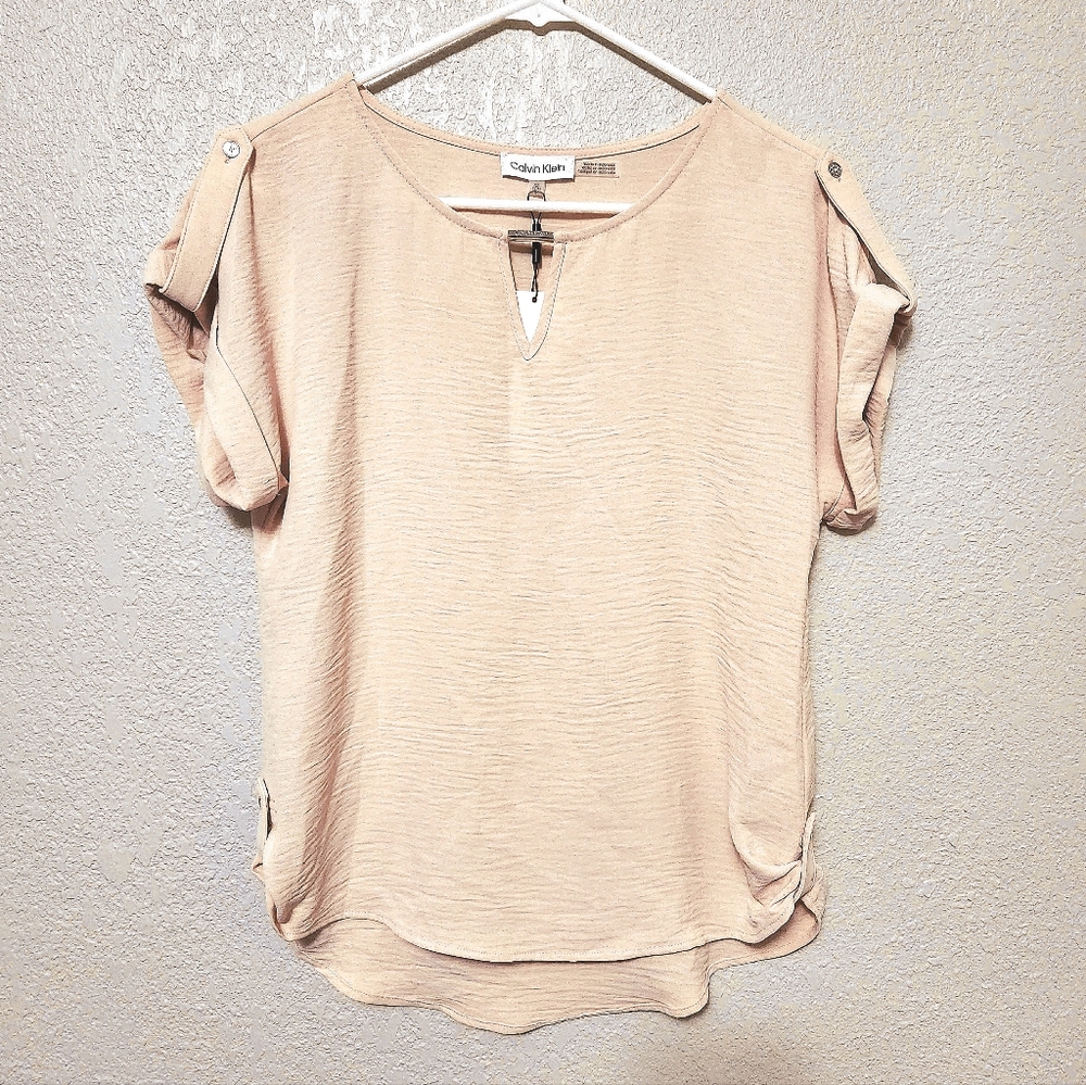 Calvin Klein Short Sleeved Blouse with Metal Hardware, Color: Blush, Size: XS